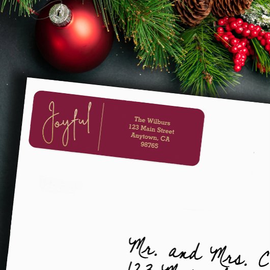 JOYFUL Gold and Cranberry Christmas Return Address ラベル