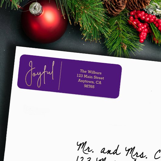 JOYFUL Gold and Purple Christmas Return Address ラベル