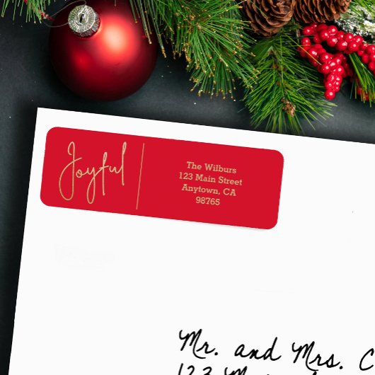 JOYFUL Gold and Red Christmas Return Address ラベル