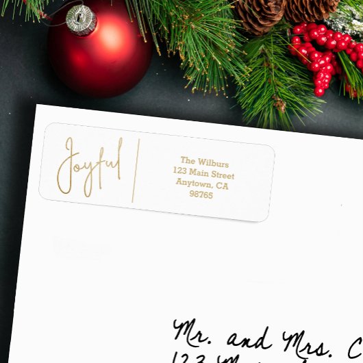 JOYFUL Gold and White Christmas Return Address ラベル