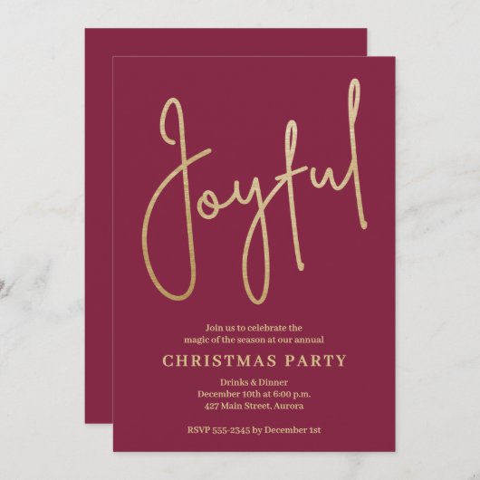 JOYFUL Gold Faux Foil on Cranberry Christmas Party 招待状 (正面/裏面)