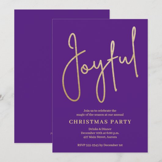JOYFUL Gold Faux Foil on Purple Christmas Party 招待状 (正面/裏面)