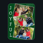 Joyful Green 3家族フォトコラージクリスマス マグネット<br><div class="desc">白モダンのおもしろいの重なり合ったスナップショットのパターンと横にJoyfulという単語と縁どの3つの家族の写真を持つ緑のクリスマスの写真コラージュのマグネット書グ。可愛い家族お気に入りのの休日の磁石のための3つの写真を見つける。</div>