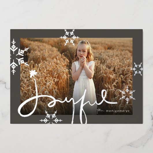 Joyful Hand Drawn Script Geometric Snowflake写真 箔シーズンカード (正面)
