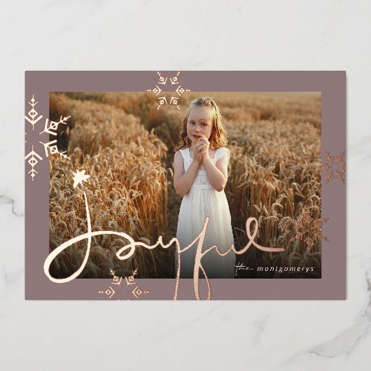 Joyful Hand Drawn Script Geometric Snowflake写真 箔シーズンカード (正面)