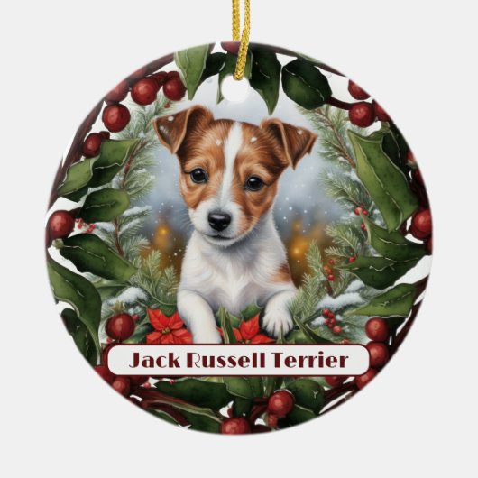 Joyful Jack Russel、パーソナライズ・クリスマス セラミックオーナメント (正面)