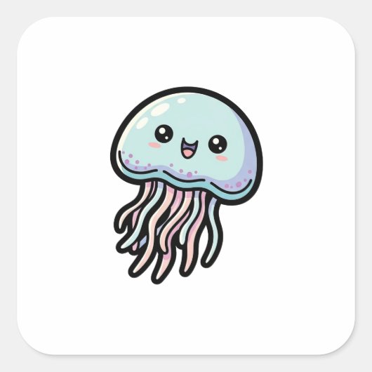 Joyful Jellyfish – Cute Kawaii Illustration スクエアシール (正面)
