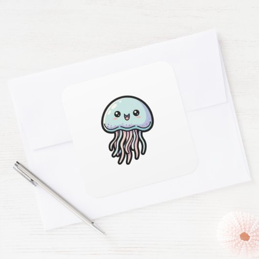 Joyful Jellyfish – Cute Kawaii Illustration スクエアシール (封筒)