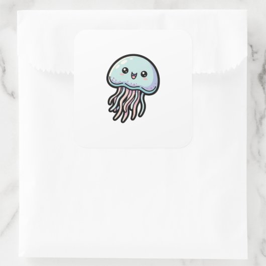 Joyful Jellyfish – Cute Kawaii Illustration スクエアシール (バッグ)