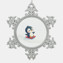 Joyful Kawaii Penguin Sledding Christmas スノーフレークピューターオーナメント