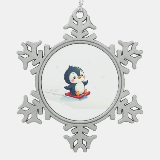Joyful Kawaii Penguin Sledding Christmas スノーフレークピューターオーナメント (正面)