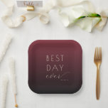 Joyful Maroon Minimalist Wedding Plates ペーパープレート<br><div class="desc">This elegant wedding plate features a gradient background transitioning from deep maroon to darker shades, creating a sophisticated and warm ambiance. The design includes the phrase "BEST DAY ever" in a mix of bold uppercase and delicate cursive typography, conveying a celebratory mood. With its minimalist layout and soft cream text...</div>