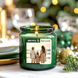 Joyful Merry Blessed Family Christmas Photo Green スクエアシール