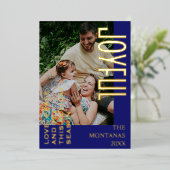 Joyful Modern Holiday Family Photo Midnight Blue 箔シーズンカード (立ち正面)