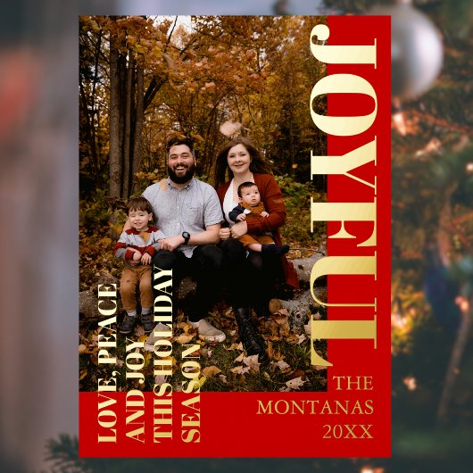Joyful Modern Holiday Family Photo | Rich Red 箔シーズンカード