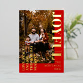 Joyful Modern Holiday Family Photo | Rich Red 箔シーズンカード (立ち正面)