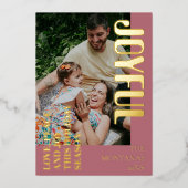 Joyful Modern Holiday Family Photo Rose Gold 箔シーズンカード (正面)