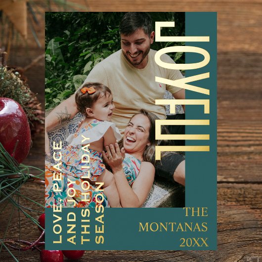 Joyful Modern Holiday Family Photo Teal 箔シーズンカード
