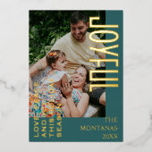 Joyful Modern Holiday Family Photo Teal 箔シーズンカード (正面)