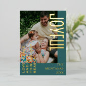 Joyful Modern Holiday Family Photo Teal 箔シーズンカード (立ち正面)