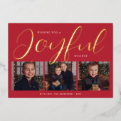 Joyful Modern Red and Gold Script Photo Collage 箔シーズンカード (正面)