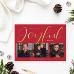 Joyful Modern Red and Gold Script Photo Collage 箔シーズンカード<br><div class="desc">This chic custom "Joyful" Christmas holiday card features a unique layout and minimalistic design with a 3 photo spaces on the front and modern and elegant script typography in real gold foil with red background color. Personalize the simple last name or family signature and the year, and choose to include...</div>