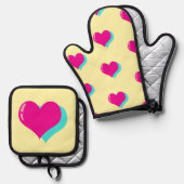 Joyful Neon Love Retro Vaporwave Hearts Fun 鍋つかみ&鍋敷きセット (正面/裏面)