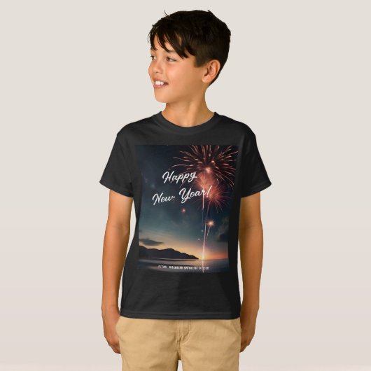Joyful New Year Fireworks ScriptタイポグラフィKids Tシャツ (正面フル)
