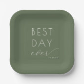 Joyful Olive Green Typographic Wedding Plates ペーパープレート (正面)