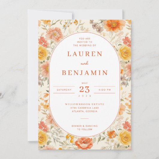 Joyful Peach Floral Wedding Invitation 招待状 (正面)