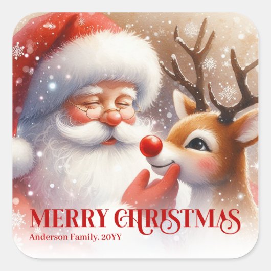 Joyful Personalized Santa and Rudolph Christmas   スクエアシール (正面)