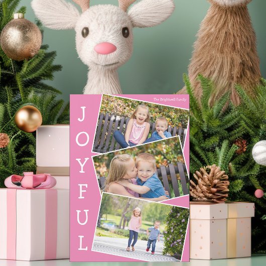 Joyful Pink Kids Photo Cute Christmas Magnet Card