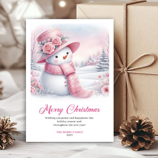Joyful pink snowman Christmas greeting card digita シーズンカード