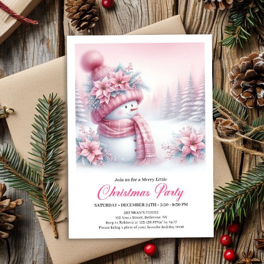 Joyful Pink Snowman Kids Download Christmas Invite 招待状