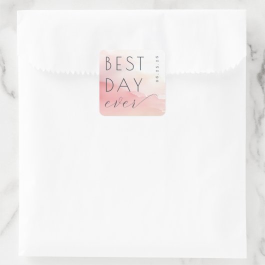Joyful Pink Watercolor Wedding Sticker スクエアシール (バッグ)