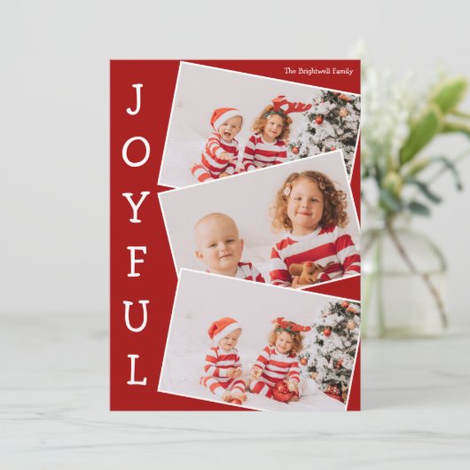 Joyful Red 3家族フォトコラージョスモダンクリスマス シーズンカード (スタンド正面)