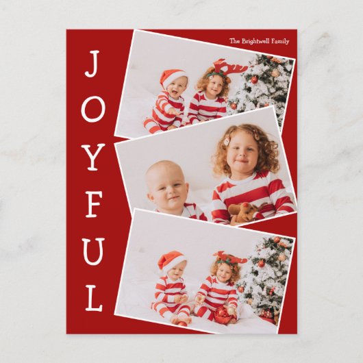 Joyful Red 3家族フォトコラージョスモダンクリスマス シーズンポストカード (正面)