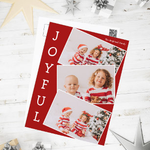 Joyful Red 3家族フォトコラージョスモダンクリスマス シーズンポストカード