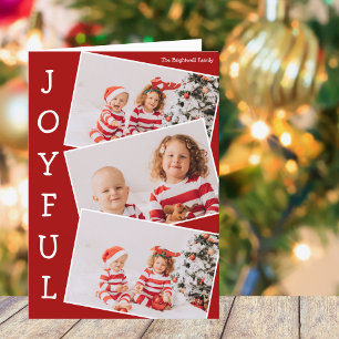 Joyful Red Family Photo Collage クラシックChristmas シーズンカード