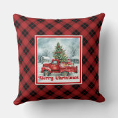 Joyful red truck Christmas scene rustic festive  クッション (裏面)
