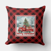 Joyful red truck Christmas scene rustic festive  クッション (正面)