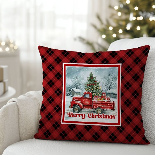Joyful red truck Christmas scene rustic festive  クッション