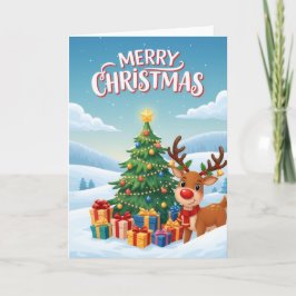 Joyful Reindeer Christmas Tree Greeting Card カード