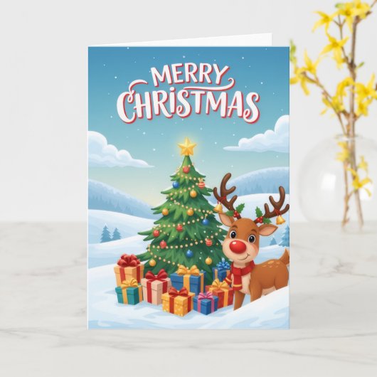 Joyful Reindeer Christmas Tree Greeting Card カード (黄色い花)
