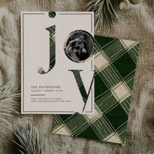 Joyful Rustic Green Gingham Family Photo Christmas シーズンカード