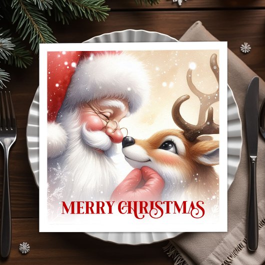 Joyful Santa and Rudolph Christmas Napkins Dinner  スタンダードカクテルナプキン