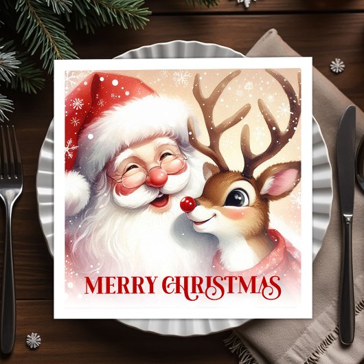 Joyful Santa and Rudolph Christmas Napkins Dinner  スタンダードカクテルナプキン
