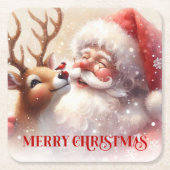 Joyful Santa and Rudolph Cute Christmas Coasters スクエアペーパーコースター (正面)