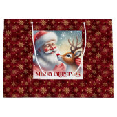 Joyful Santa and Rudolph Holiday Cartoon Bag ラージペーパーバッグ (正面)