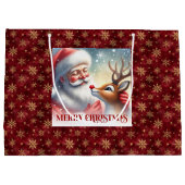 Joyful Santa and Rudolph Holiday Cartoon Bag ラージペーパーバッグ (裏面)